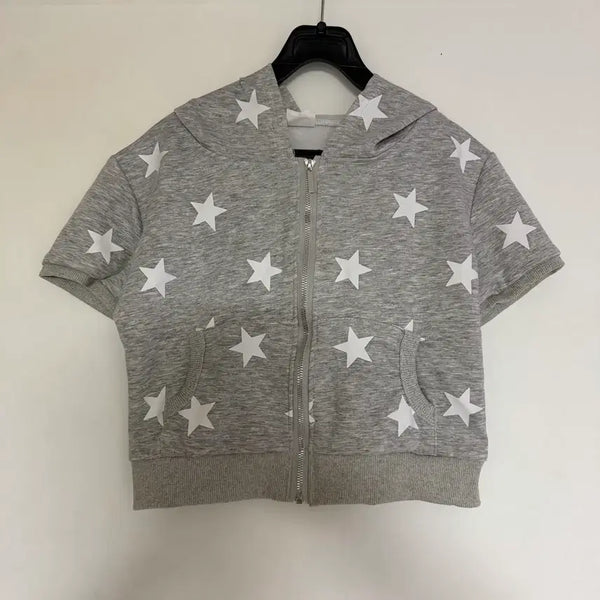 [BUNJANG] Women's Star Print Short-Sleeve Hoodie Zip-Up (Gray) / 새상품 여자 별 반팔 후드집업 (그레이)