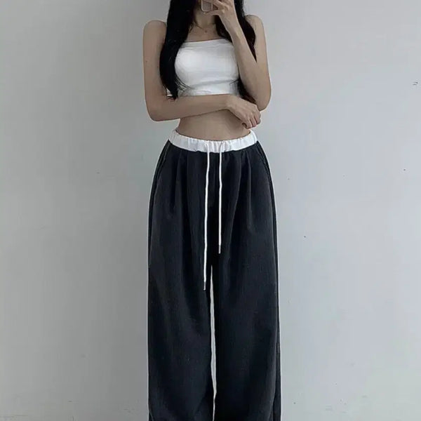 [BUNJANG] Colorblock Waistband Pin-tuck Wide Long Slacks (Size 55-77) / 새상품 블랙만 배색 허리밴딩 핀턱 와이드 롱 슬랙스 빅사이즈 가능 55-77