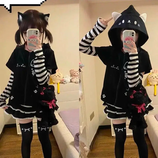 [BUNJANG] Subculture Cat Short Sleeve Hoodie / 현물)서브컬쳐 고양이 반팔 후드