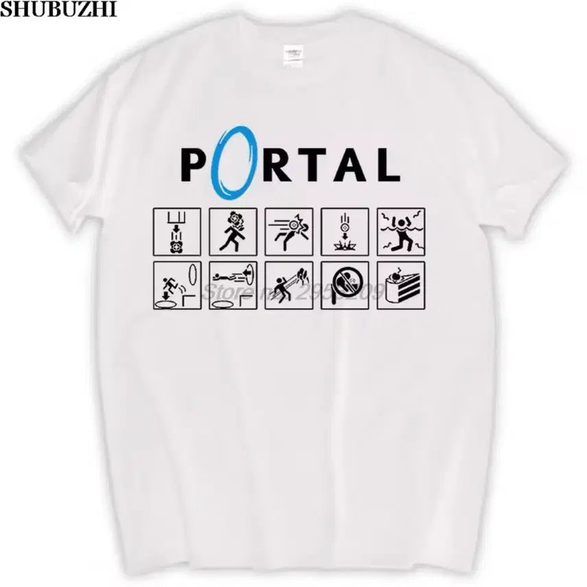 [BUNJANG] Portal Game Graphic Short Sleeve T-Shirt (White/Black) / 무료배송) 포탈 게임 반팔 티셔츠 화이트/블랙