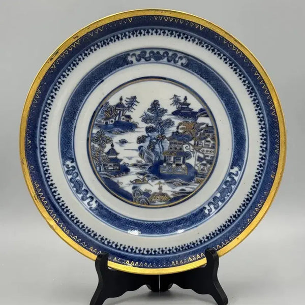 [BUNJANG] Qing Dynasty Qianlong Period Blue and White Gilt Porcelain Export Plate / 청대 건륭시기 청화 금채 산수누각문 수출자기 접시 중국도자기 골동품 수집품