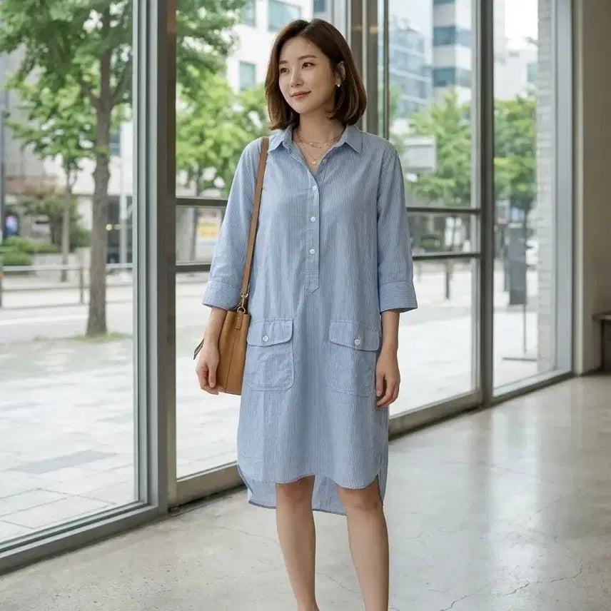 [BUNJANG] Juka Striped Cotton Shirt Dress M / (40만원대) 일본 주카 스트라이프 코튼 셔츠 원피스  M 55 66