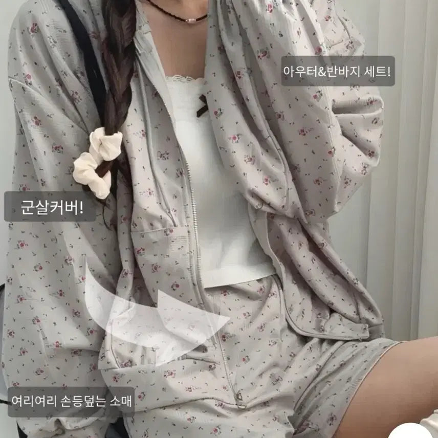 [BUNJANG] Avely Floral Pattern Hoodie Shorts Set / 에이블리 플로럴 패턴 후드집업 반바지 세트