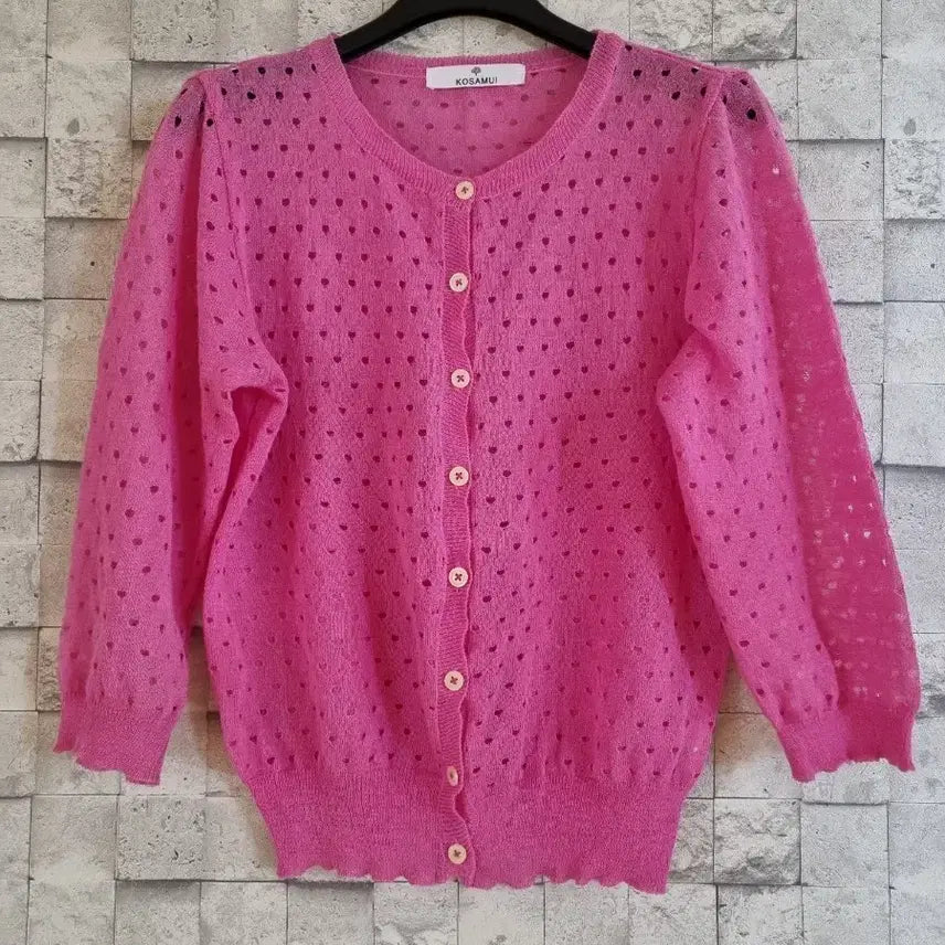 [BUNJANG] KOSAMUI Pink Heart Punch Knit Cardigan / KOSAMUI 핑크 펀칭 니트 가디건