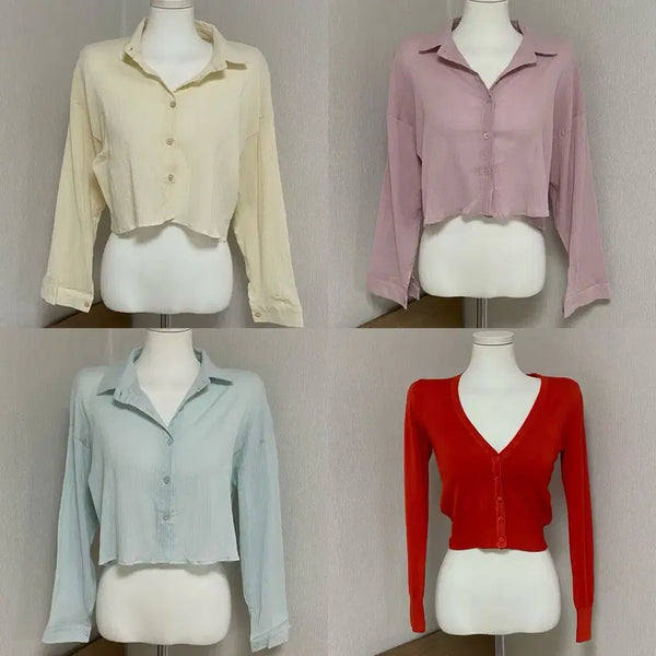 [BUNJANG] Cropped Blouse (Mint, Yellow, Lavender) with Free Red V-Neck Knit / 크롭 블라우스(민트,옐로우,연보라 택1) (+레드 브이넥니트 드림)