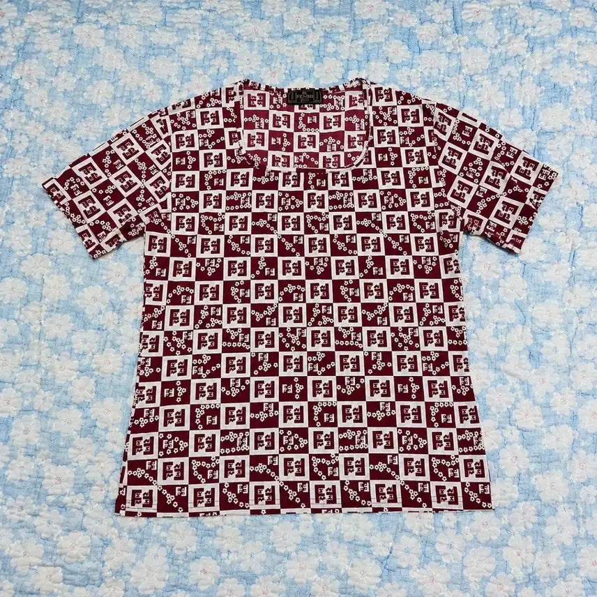 [BUNJANG] Fendi FF All Over Monogram Short Sleeve T-Shirt Burgundy / 펜디 FF 올오버 모노그램 반팔 티셔츠 버건디 55~66