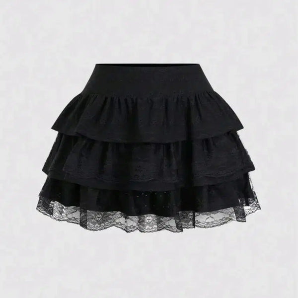 [BUNJANG] SHEIN SWEETRA Black Y2K Lace Tiered Mini Skirt Plus Size / SHEIN 쉬인 SWEETRA 레이스 캉캉 미니 스커트 블랙 Y2K 플러스 사이즈