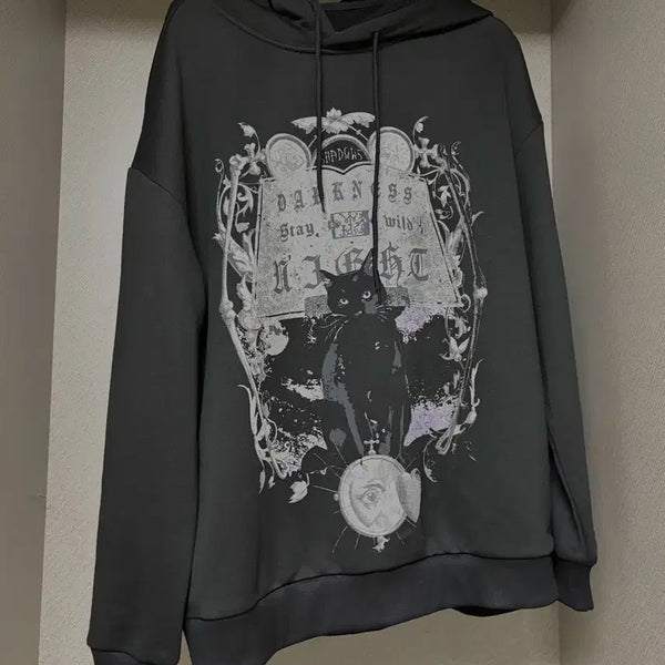 [BUNJANG] Sugar Lace Gothic Cat Graphic Hoodie / 락 펑크 시크 빈티지 고양이 후드티 슈가레이스 와걸 와이즈걸