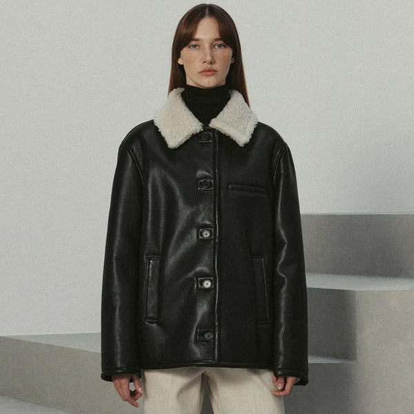 [BUNJANG] LE New Shearling Leather Jacket Free Size / 25 LE 르 신상 시어링 레더 자켓 F
