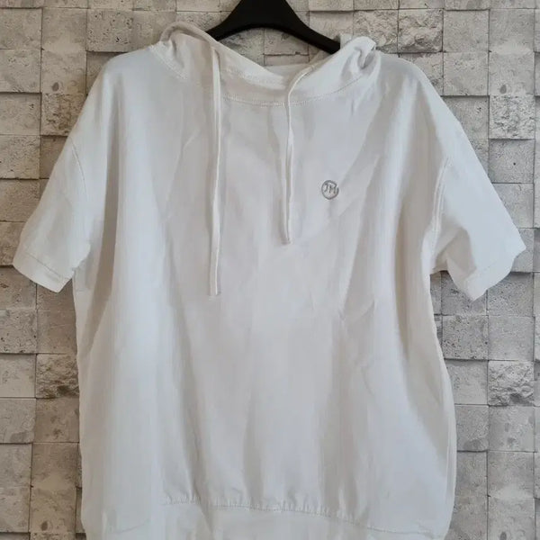 [BUNJANG] White Embroidered Logo Hoodie T-Shirt / 화이트 후드 자수로고 티셔츠