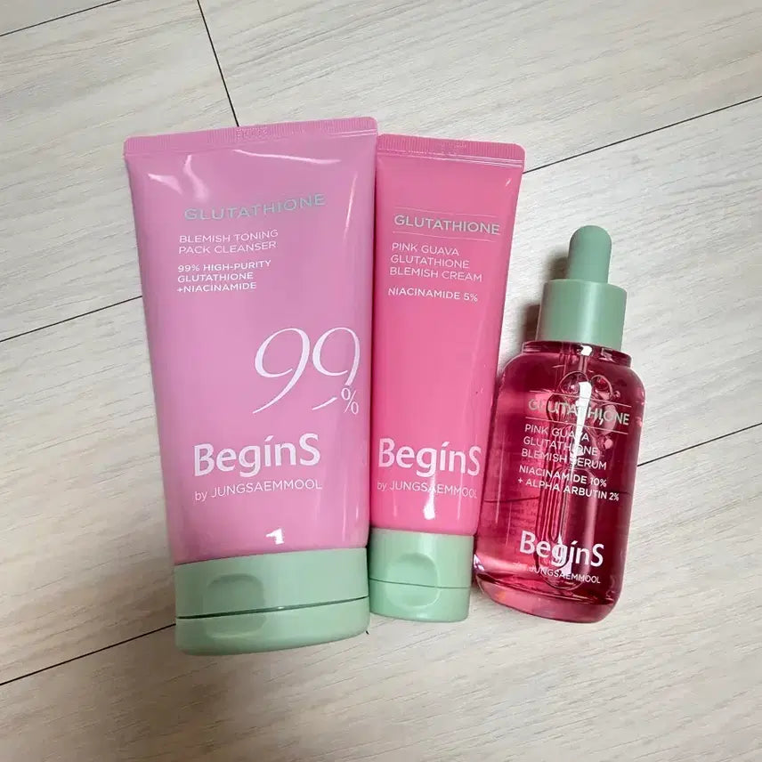 [BUNJANG] Begins by Jung Saem Mool Pink Guava Glutathione Traces Serum, Cream, Toning Pack Cleanser Set / 새상품) 정샘물 핑크 구아바 글루타치온 흔적 세럼, 크림, 토닝팩클렌저