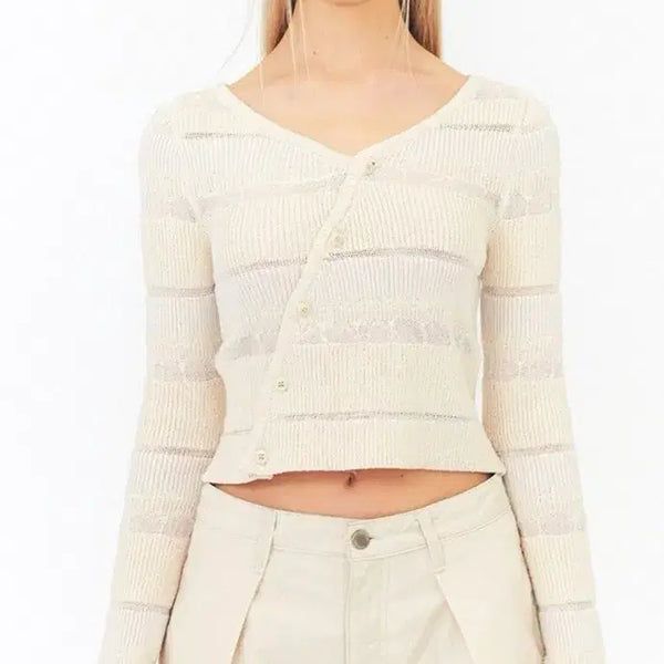 [BUNJANG] Diagonal Stripe Button Knit Cardigan Ivory / 다이애그널 스트라이프 버튼 니트 가디건 아이보리