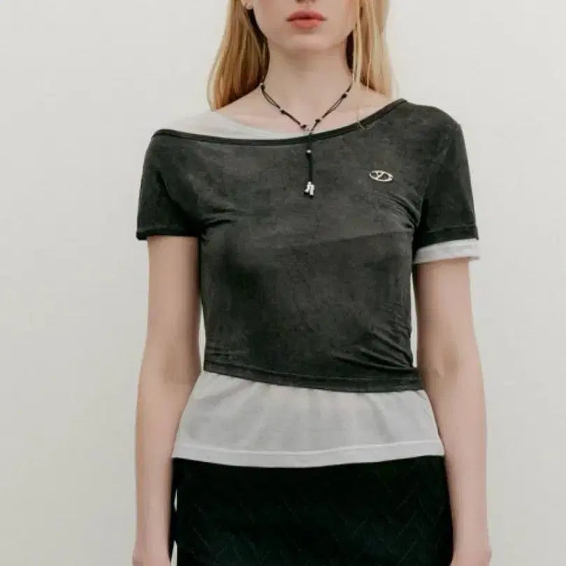 [BUNJANG] YUZ LAYERD Short Sleeve T-Shirt Charcoal Grey / 유즈 레이어드 반팔 티셔츠 차콜그레이