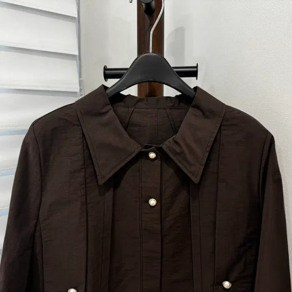 [BUNJANG] Mine Pearl Button Pleated Shirt Jacket Dark Brown / 마인 진주 버튼 플리츠 셔츠형 자켓 (새상품)