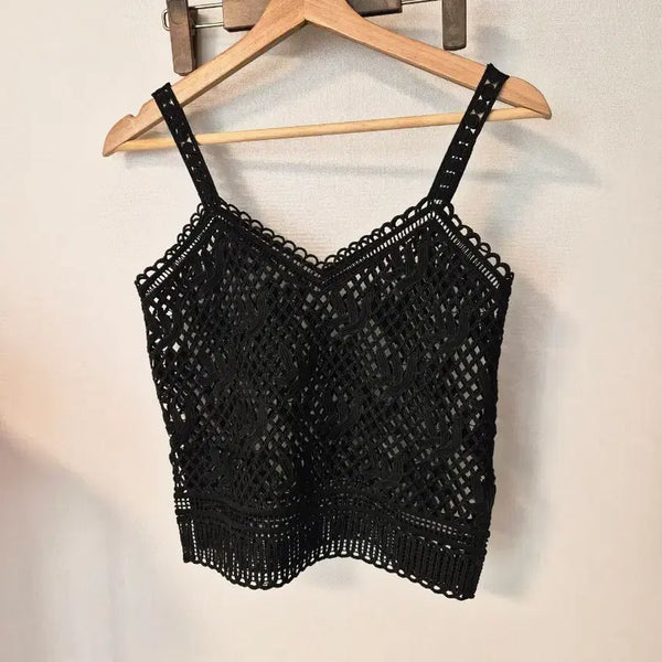 [BUNJANG] Stylish Black Crochet Tank Top / 세련된 블랙 크로셰 나시탑