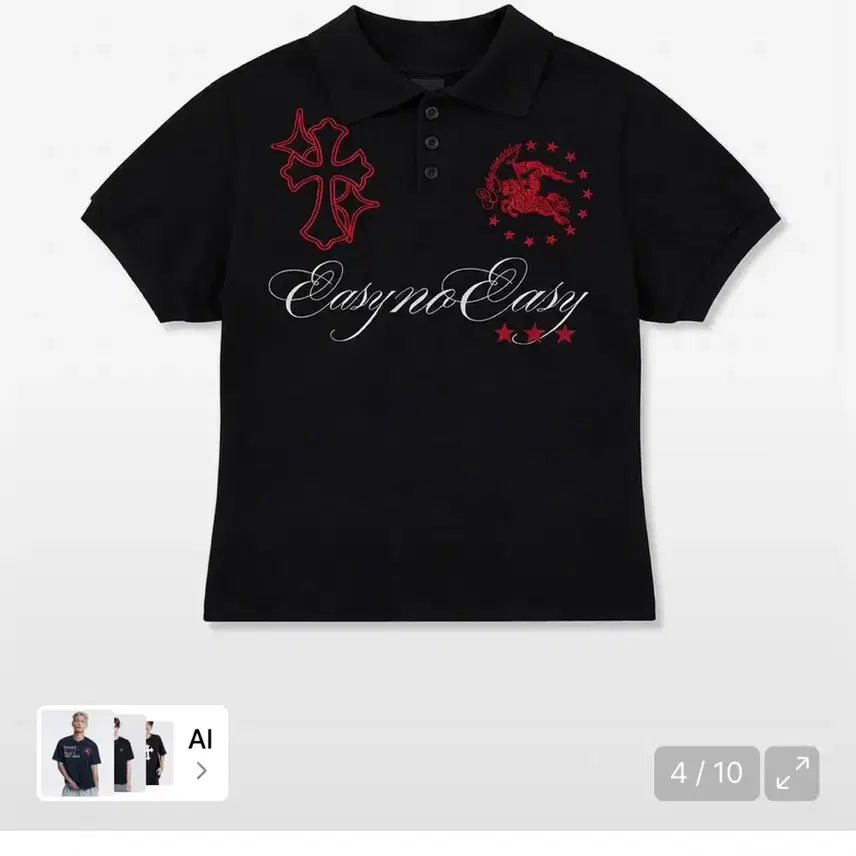 [BUNJANG] Easy Noah Horse Emblem Embroidered Collar T-Shirt Black / 이지노이지 홀스 엠블럼 자수 카라 티셔츠 블랙