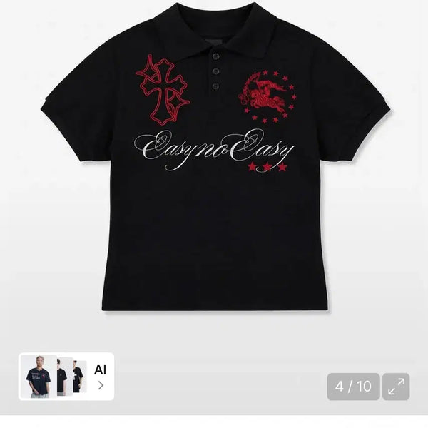 [BUNJANG] Easy Noah Horse Emblem Embroidered Collar T-Shirt Black / 이지노이지 홀스 엠블럼 자수 카라 티셔츠 블랙