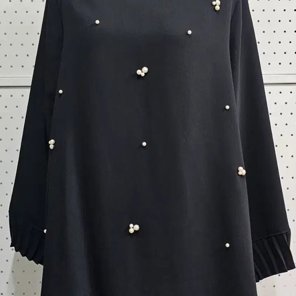 [BUNJANG] Yesica Black Pearl Pleats Long Sleeve High Neck Blouse / 예시카 Yesica블랙 진주 펄 플리츠 롱슬리브 여성 하이넥 롱블라우스