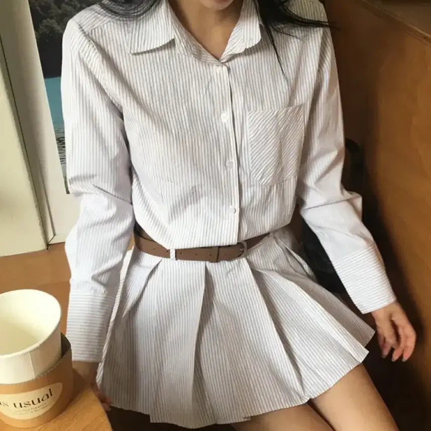 [BUNJANG] Brown Stripe Pleated Shirt Dress with Belt Set / 벨트세트 브라운 스트라이프 플리츠 셔츠 원피스