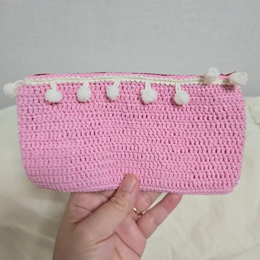 [BUNJANG] Handmade Knit Pouch Pink Pom-Pom Multi-purpose Pouch / 수제 뜨개파우치 핑크폼 다용도 파우치 지갑