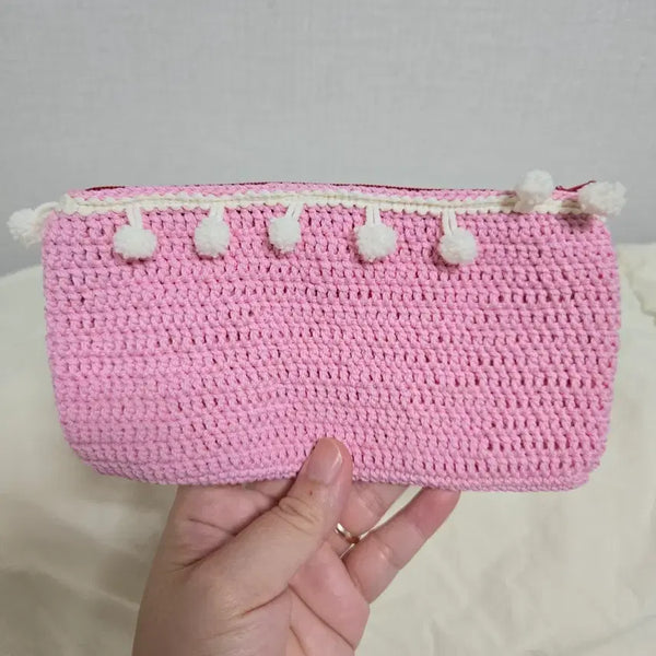 [BUNJANG] Handmade Knit Pouch Pink Pom-Pom Multi-purpose Pouch / 수제 뜨개파우치 핑크폼 다용도 파우치 지갑