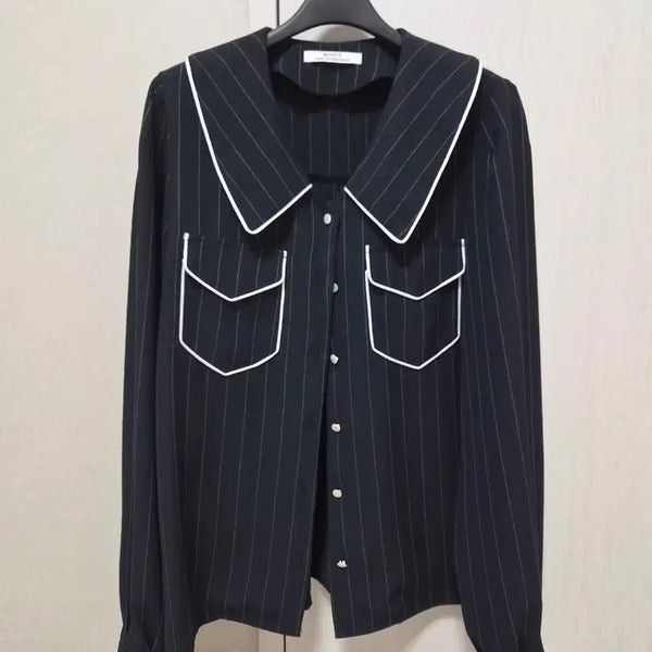 [BUNJANG] Monts Striped Collar Blouse Navy / 몬츠 셔츠 네이비 줄무늬 카라 블라우스
