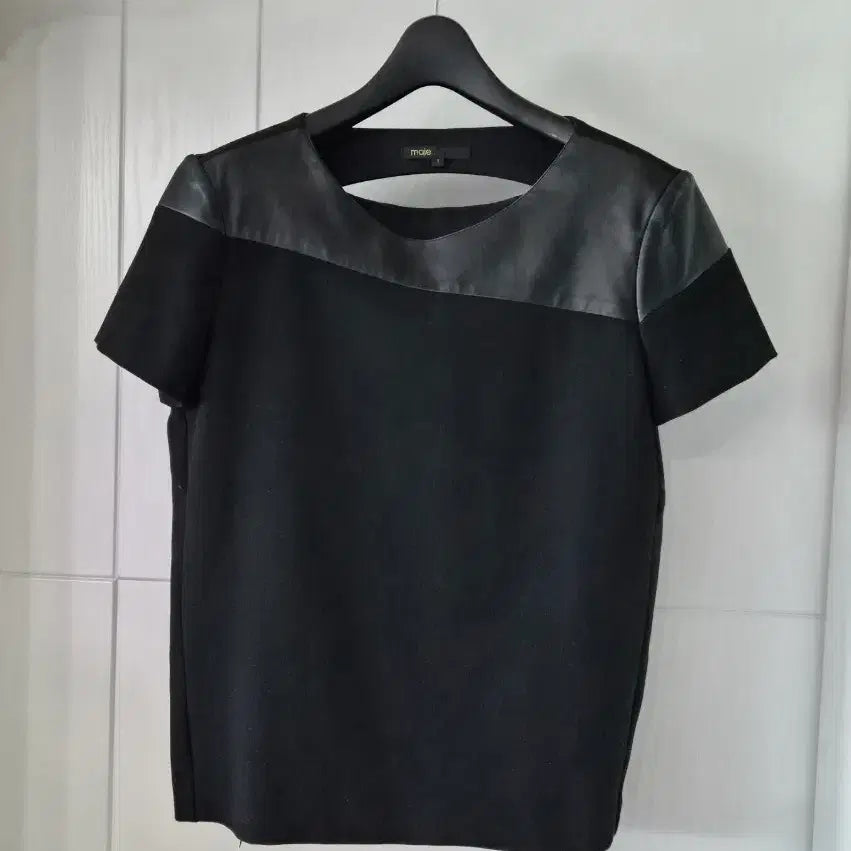 [BUNJANG] Maje Black Leather Mix Poly Blouse / 마쥬 양가죽 매치 폴리 블라우스