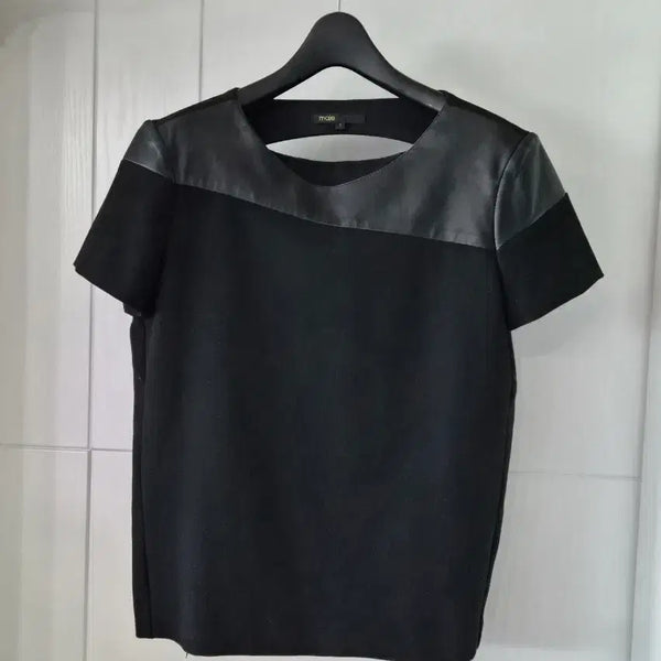 [BUNJANG] Maje Black Leather Mix Poly Blouse / 마쥬 양가죽 매치 폴리 블라우스
