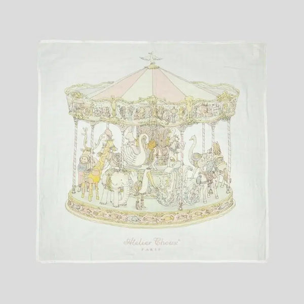 [BUNJANG] ATELIER CHOUX Organic Cotton Swaddle Blanket - Carousel Print, White/Baby Pink / ATELIER CHOUX 아틀리에 슈 화이트 베이비핑크 회전목마 오가닉코튼 속싸개 블랭킷 담요 패브릭 MADE IN FRANCE