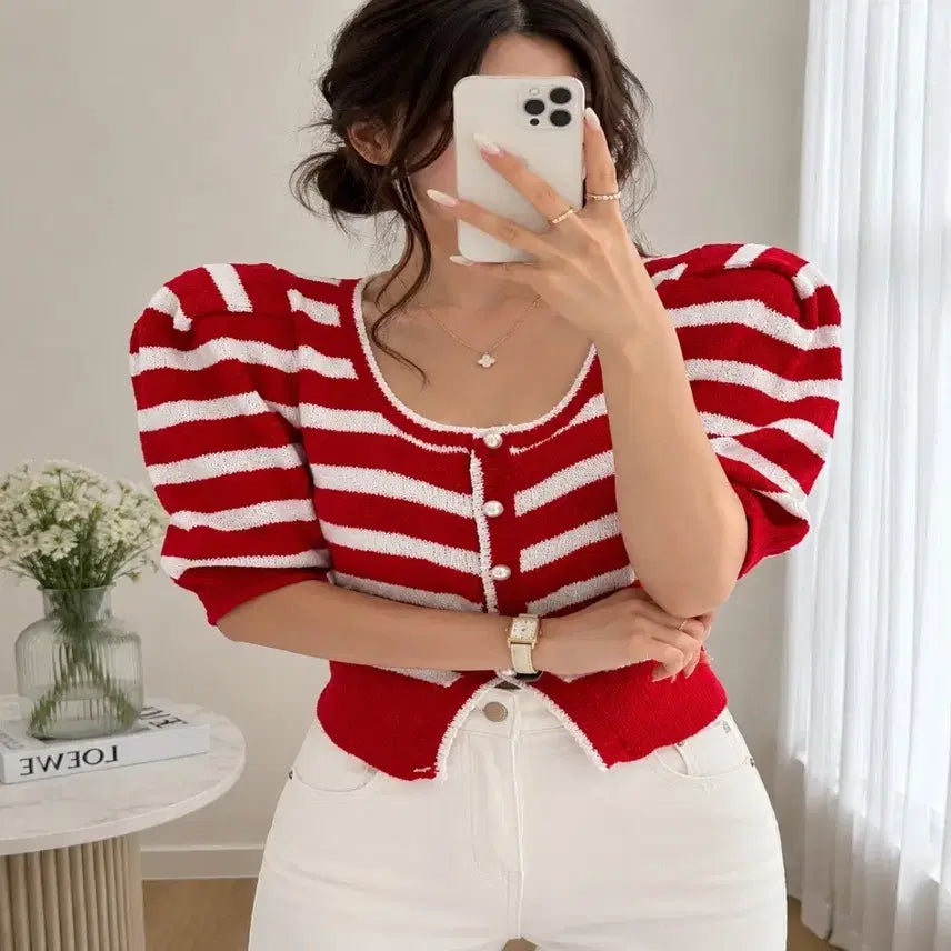 [BUNJANG] Red Striped Short Sleeve Knit Cardigan with Shoulder Pads and Puff Sleeves / 새상품 레드 단가라 반팔 니트 가디건 어깨패드 퍼프소매ㅡ무배