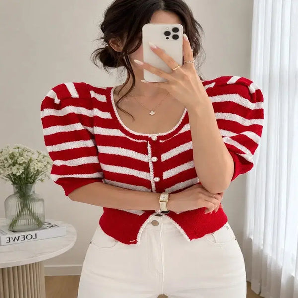 [BUNJANG] Red Striped Short Sleeve Knit Cardigan with Shoulder Pads and Puff Sleeves / 새상품 레드 단가라 반팔 니트 가디건 어깨패드 퍼프소매ㅡ무배