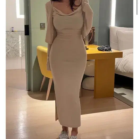[BUNJANG] Hipnatic Mary Ring Long Dress Cardigan Set - Beige / 히프나틱 메리링 롱원피스 가디건 세트-베이지