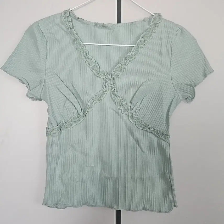 [BUNJANG] Mint Ribbed Frill T-Shirt / (새상품)소매 프릴 골지 민트 티셔츠 44
