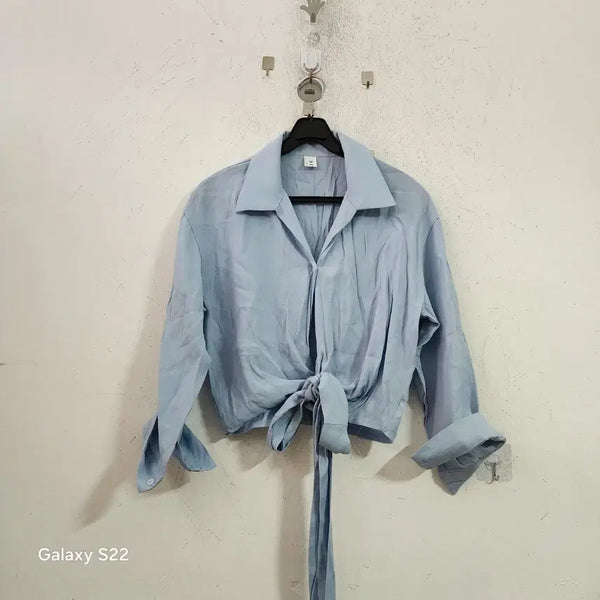 [BUNJANG] Light Sky Blue Wrap Crop Shirt / 연한 하늘색 랩 크롭 셔츠