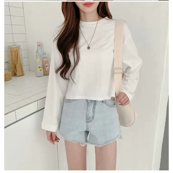 [BUNJANG] White Long Sleeve Crop Top (New) / 화이트 긴팔 크롭티(새상품)