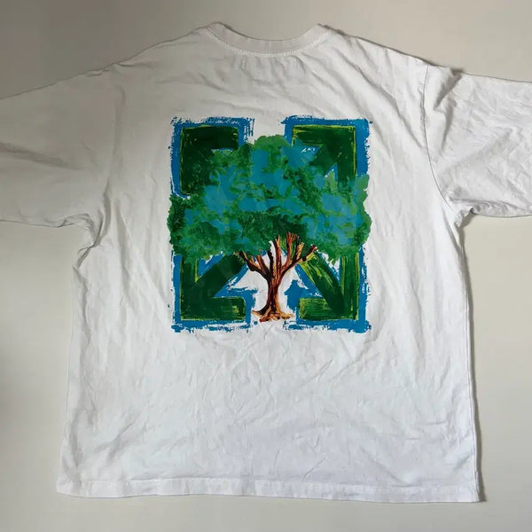 [BUNJANG] Off-White Short Sleeve T-Shirt White Leaf Print / 오프화이트 반팔 티셔츠 화이트 나뭇잎 프린팅