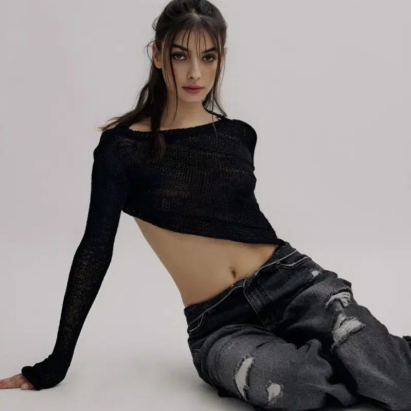 [BUNJANG] Threetimes Asymmetric Knit Top Black / 새상품 쓰리타임즈 threetimes 에이시메트릭 니트 탑 블랙