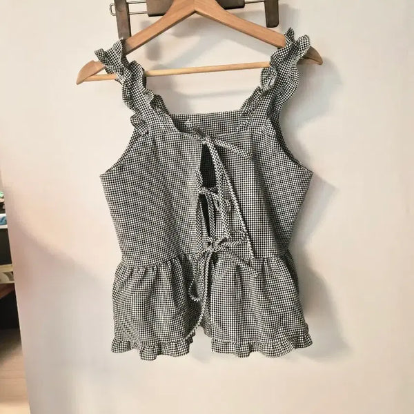 [BUNJANG] Black Gingham Check Frill Sleeveless Blouse / 블랙 깅엄체크 프릴 나시/블라우스