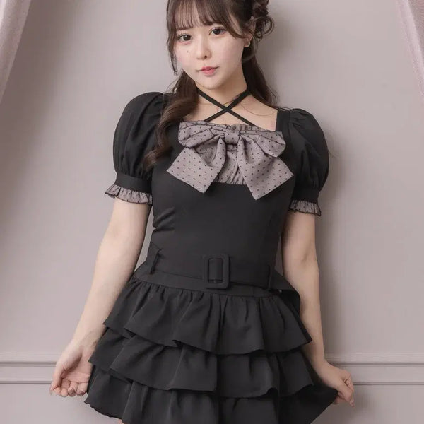 [BUNJANG] Pium York Ribbon Tiered Frill Mini Short Sleeve Dress / pium 피움 요크 리본 티어드 프릴 미니 반팔 원피스