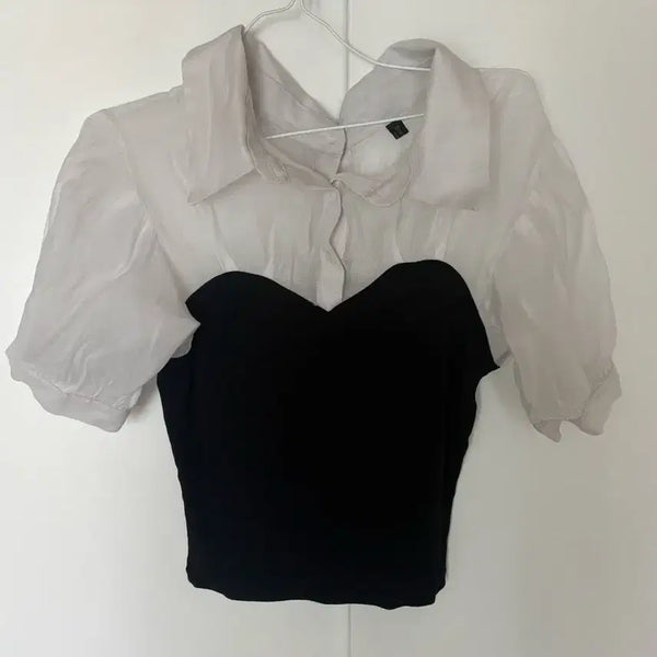 [BUNJANG] Contrast Collar See-Through Blouse / 배색 카라 시스루 블라우스