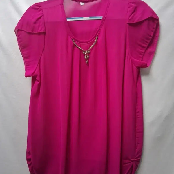 [BUNJANG] Hot Pink Women's Blouse Size 77 with Neckline Embellishment / 새상품 핫핑크 여성 블라우스 네크라인 장식 77