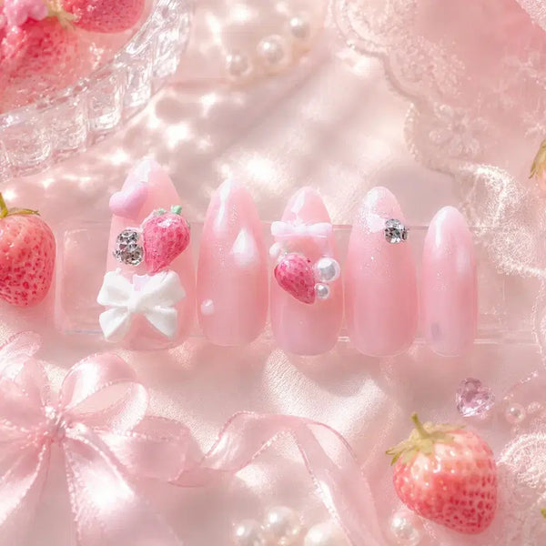 [BUNJANG] Handmade Strawberry Fairy Kei/Hime Gyaru Nail Tips / 딸기 파페 수제네일팁/양산형/지뢰계/히메갸루