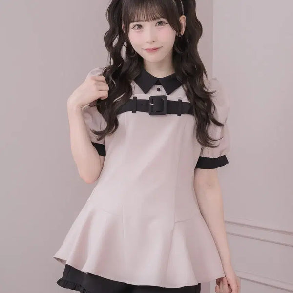 [BUNJANG] Pium Cutout Short Sleeve Setup (Pink) / pium 피움 전면 벨트 컷아웃 반팔 셋업
