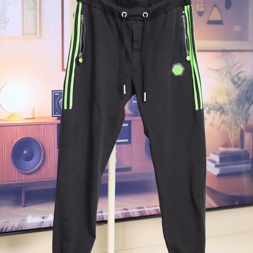 [BUNJANG] Philipp Plein Neon Green Detail Black Jogger Pants / 필립플레인 블랙 조거팬츠 네온그린 포인트 32~34