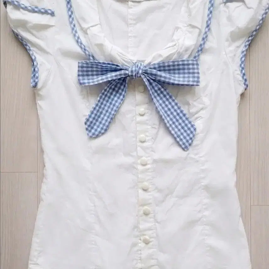 [BUNJANG] Seoyeon White Check Ribbon Blouse / 서연 블라우스 흰색 체크 리본