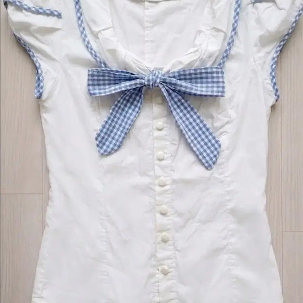 [BUNJANG] Seoyeon White Check Ribbon Blouse / 서연 블라우스 흰색 체크 리본