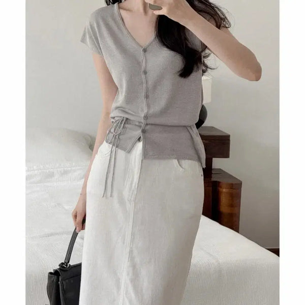 [BUNJANG] UUR Rendy Cap Sleeve Button Knit Blue Grey / Uur 렌디 캡 슬리브 버튼 니트 [블루그레이]