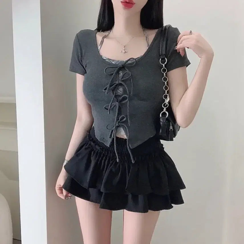 [BUNJANG] Layered Check Halterneck Ribbon Short Sleeve Top / 새상품 에이블리 레이어드 체크 홀터넥 나시 리본 반팔