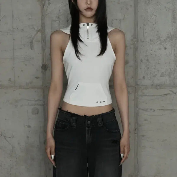 [BUNJANG] ETEOUME Zipper Halter Turtleneck Point Pocket Hoodie White / 에트오소메 / Zipper Halter Turtleneck Point Pocket Hoodie (White)