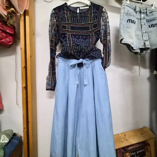 [BUNJANG] Zara Beaded Embroidery Blouse M, Esmara Wide Pants / 자라 비즈자수 블라우스. 잇미샤 와이드 팬츠